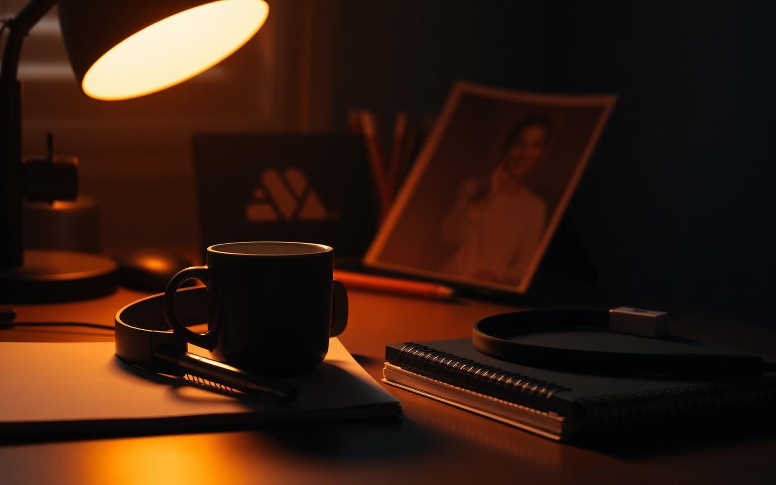 A warmly lit desk with coffee and notebook